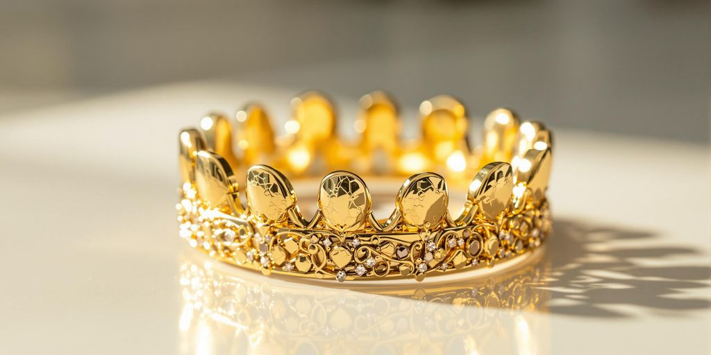 Dental en or, couronne brillante sur surface réfléchissante, lumière naturelle.