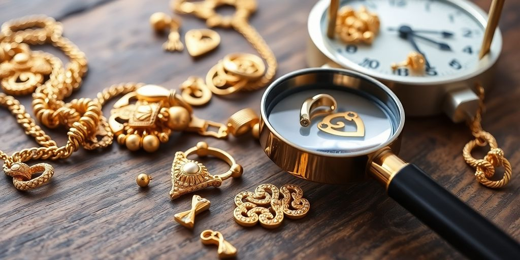Bijoux en or sur une table, loupe et balance.