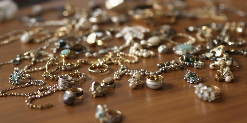 Bijoux anciens de famille posés sur une table en bois.