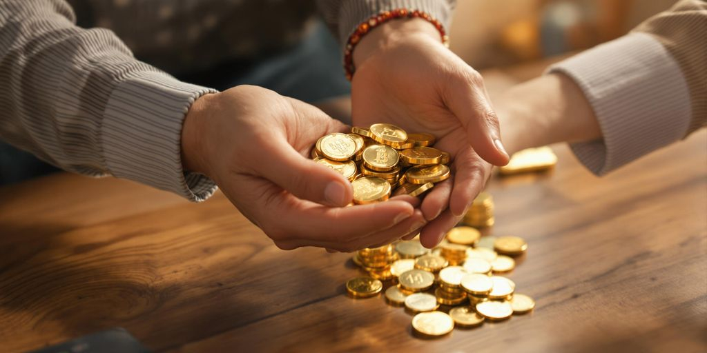 Deux mains échangent des pièces et lingots d’or