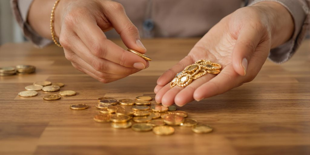 Main tenant des bijoux et pièces d'or sur une table.