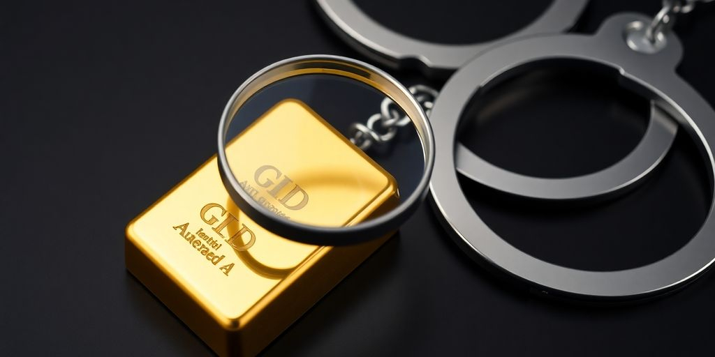 Barre d'or avec loupe et menottes sur fond sombre.