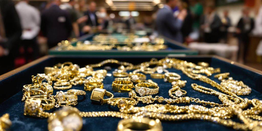 Bijoux en or sur un plateau lors d'une vente aux enchères