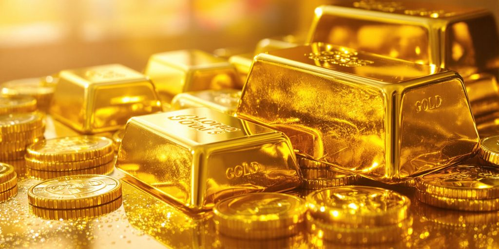 Photo d'or: gros plan sur barres et pièces brillantes visibles.