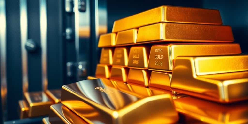 Barres d'or empilées dans un coffre-fort sécurisé.