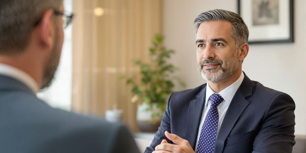 Conseiller en costume, client souriant, dans bureau moderne, espace lumineux.