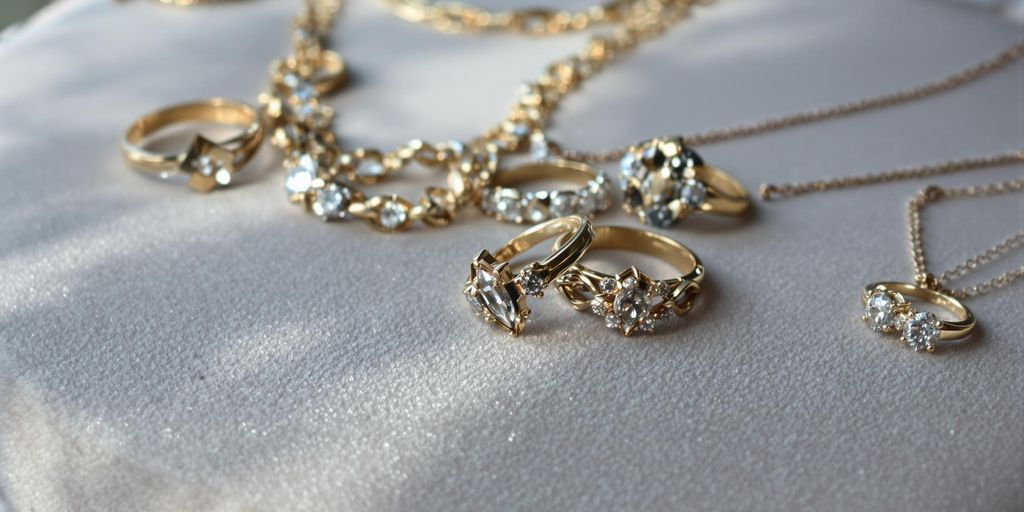 Bijoux en or et argent posés sur un tissu velours.