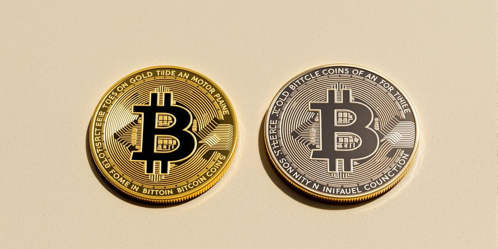 Bitcoin métallique et unique pièce d’or brillants sur fond lisse.
