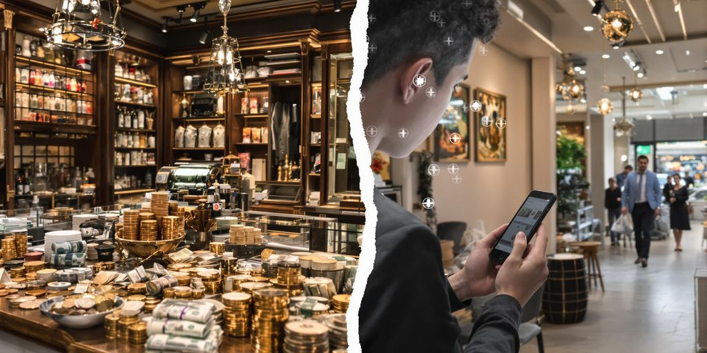 Boutique chaleureuse et espace numérique moderne avec smartphone élégant vif
