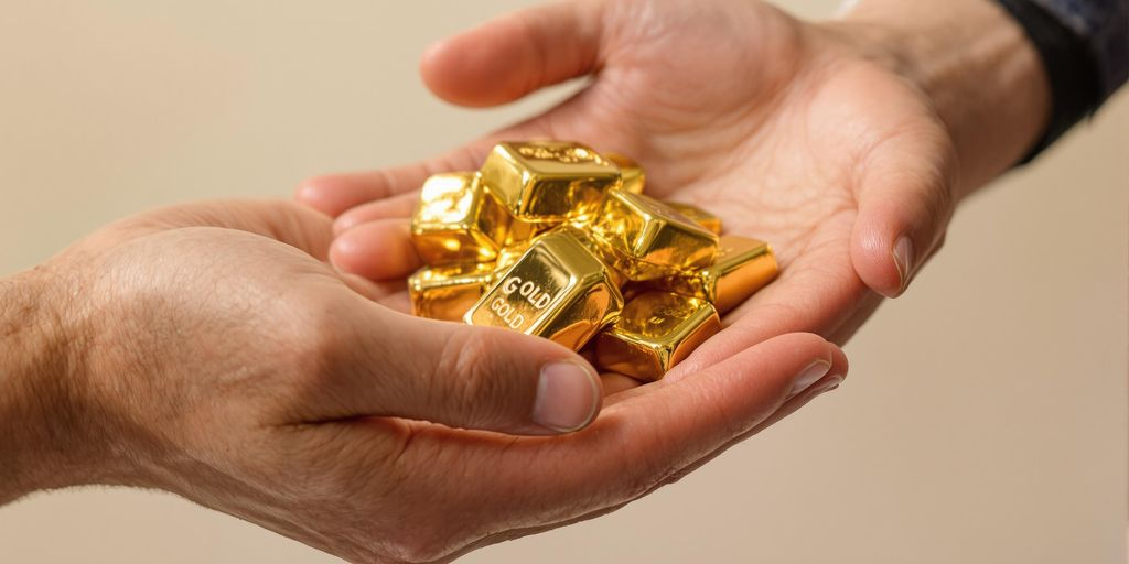 Mains échangeant des lingots d'or brillants, fond neutre.