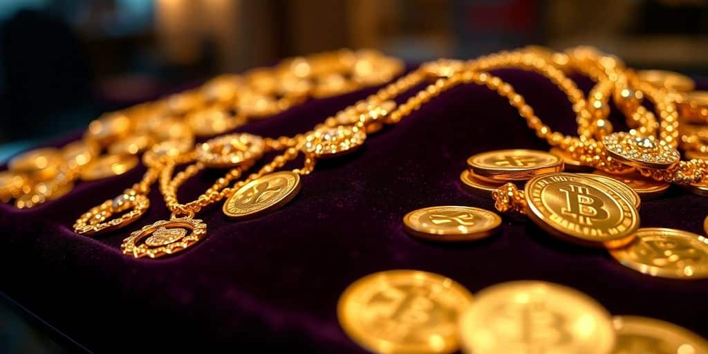 Bijoux et pièces d'or brillants sur un fond velouté.