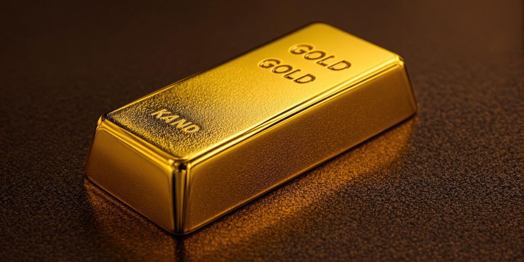 Barre d’or physique, aux reflets étincelants, sur fond texturé foncé.