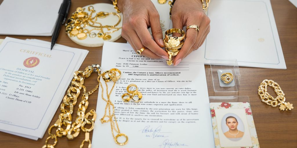 Bijoux en or et documents officiels sur une table.