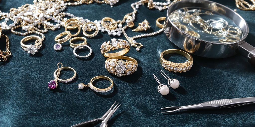 Bijoux variés sur tissu avec loupe et pince à bijoux