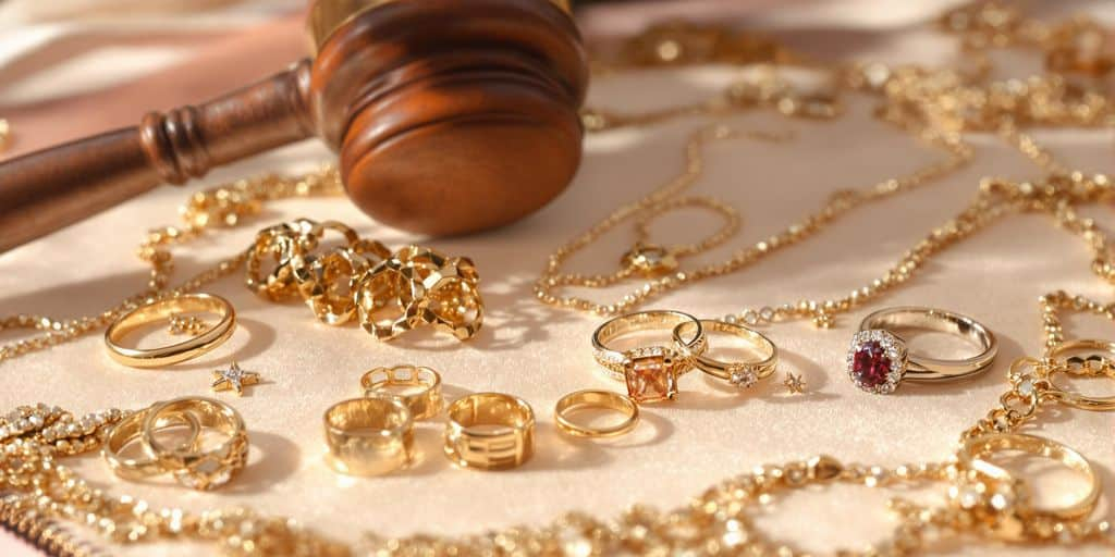 Bijoux en or posés près d’un marteau d’enchère