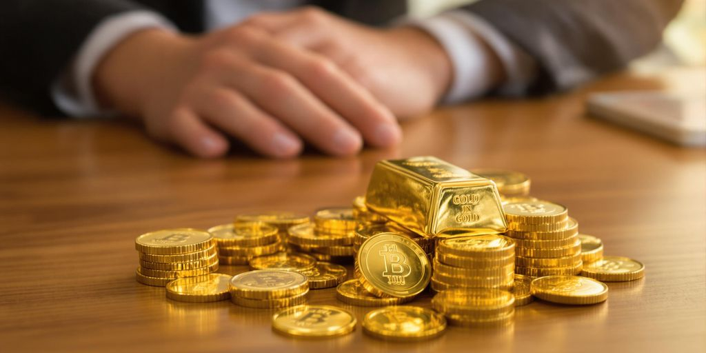 Des lingots et pièces d’or sur un bureau en bois