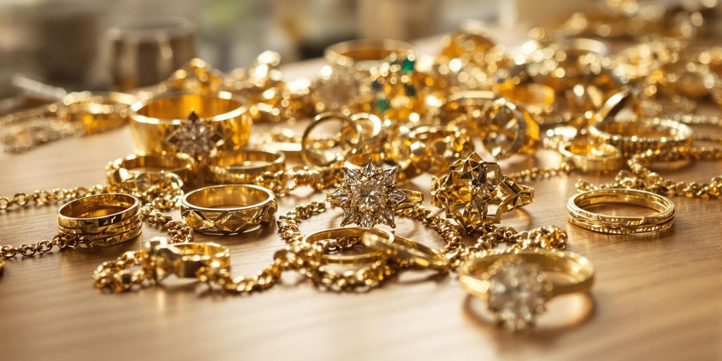 Bijoux en or variés posés sur une table en bois.