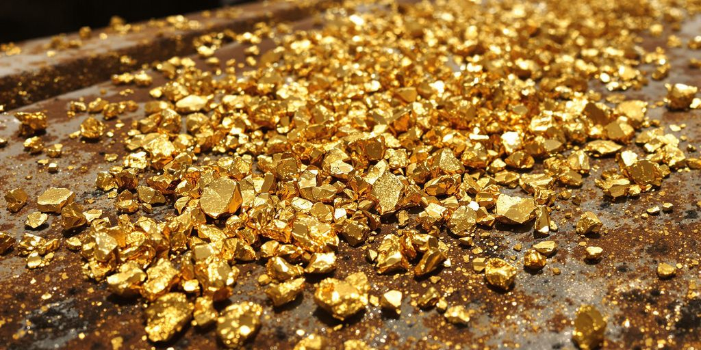 Des éclats d'or sur une surface métallique usée, photographie réelle.
