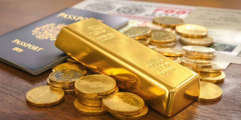Lingots d'or et pièces avec passeport sur une table.