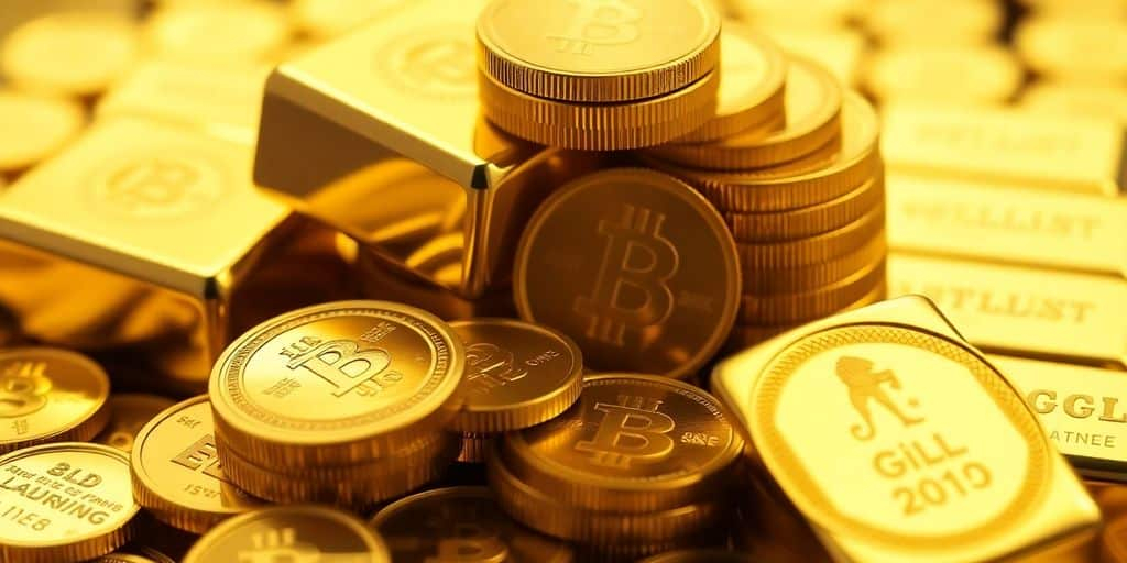 Barres et pièces d'or brillantes sur fond neutre.