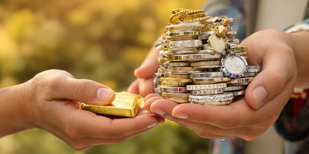 Deux mains offrent un lingot d'or, d'autres des objets divers.