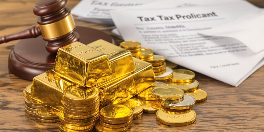 Lingots d’or, pièces, marteau de juge et documents fiscaux