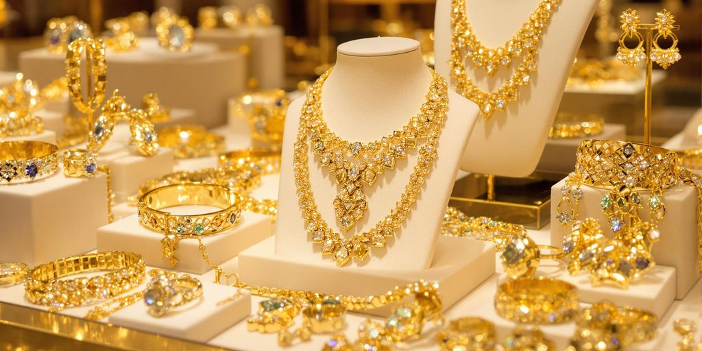 Bijoux en or étincelants dans une boutique élégante et moderne.