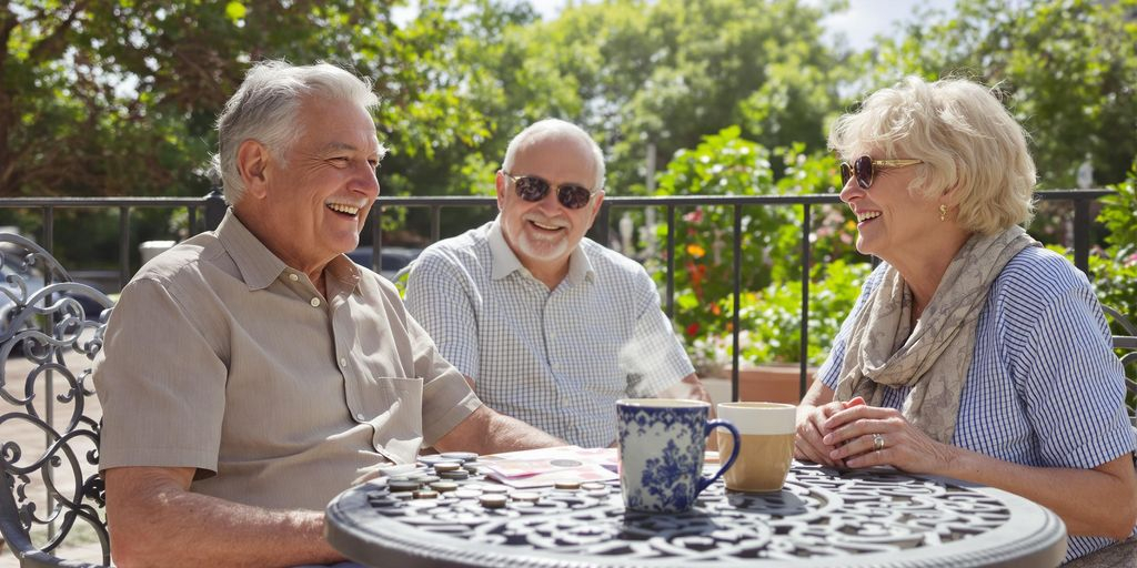 Vieil couple souriant assis à une terrasse ensoleillée avec argent.