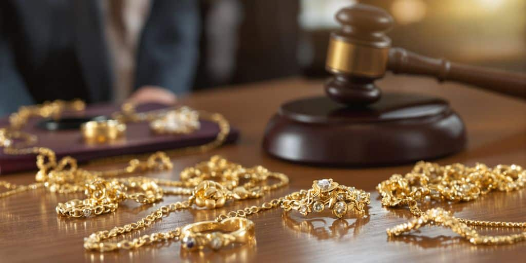 Bijoux en or sur une table d'enchères avec un marteau.