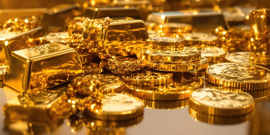 Photo d’or pur, pièces scintillantes sur fond sombre, surfaces mates.