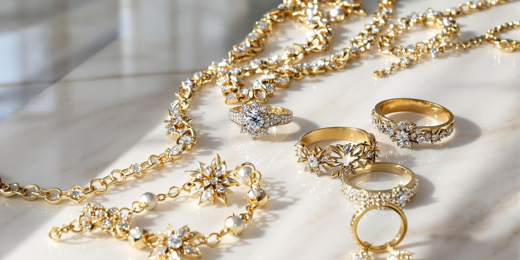 Bijoux précieux, éclatants, disposés sur surface élégante en lumière naturelle.