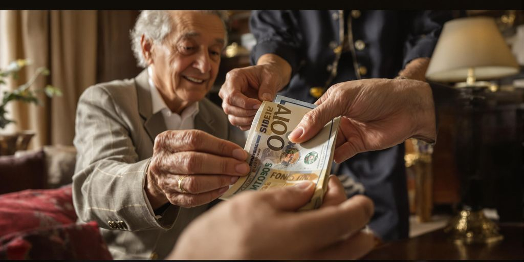 Parent âgé offre billets et pièces à jeune héritier élégant.