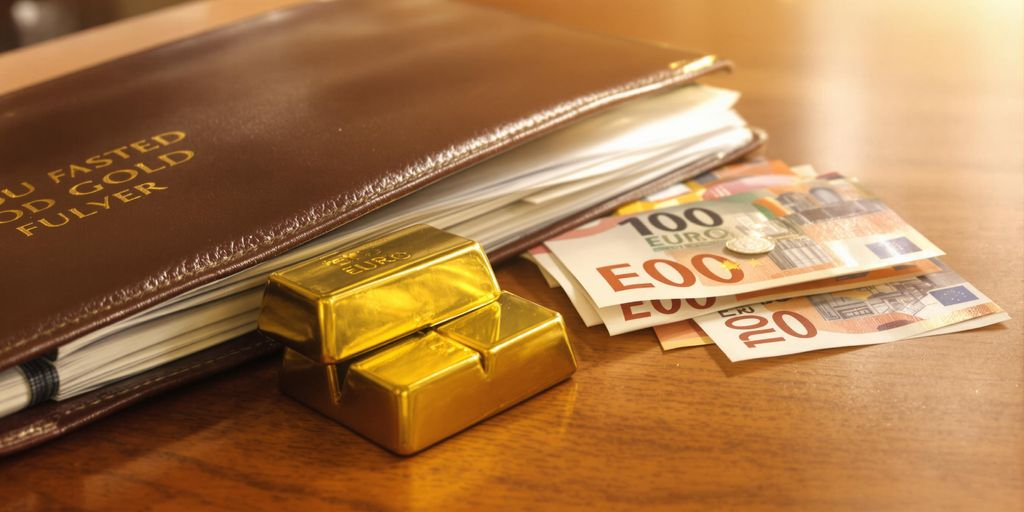 Lingots d'or et dossier luxueux sur un bureau en bois