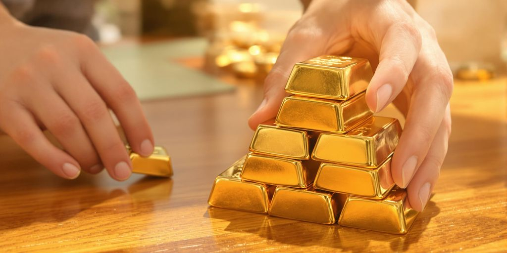 Lingots d'or sur une table avec mains familiales