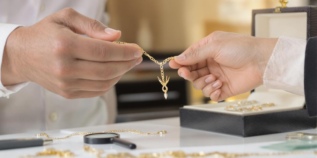 Mains échangeant un collier en or avec loupe et boîte