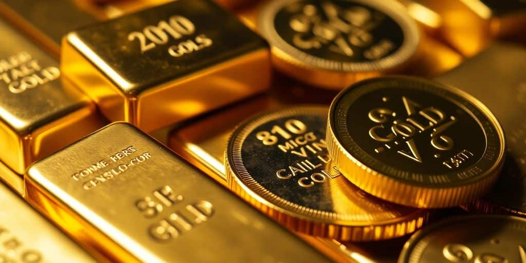Lingots et pièces d'or sur fond neutre.