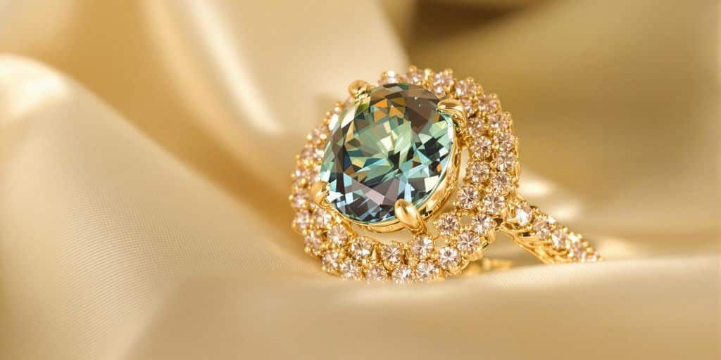 Bijou en or avec grande pierre précieuse scintillante