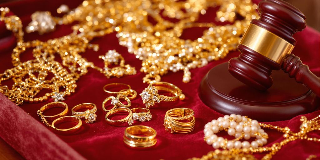 Bijoux en or sur un plateau d’enchères avec un marteau