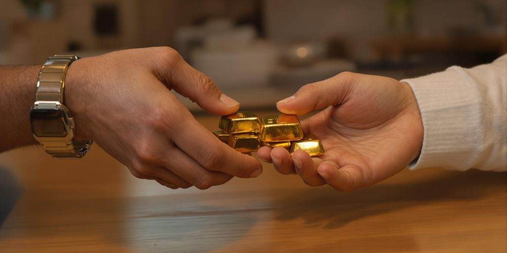 Deux mains échangent des lingots d'or sur une table.