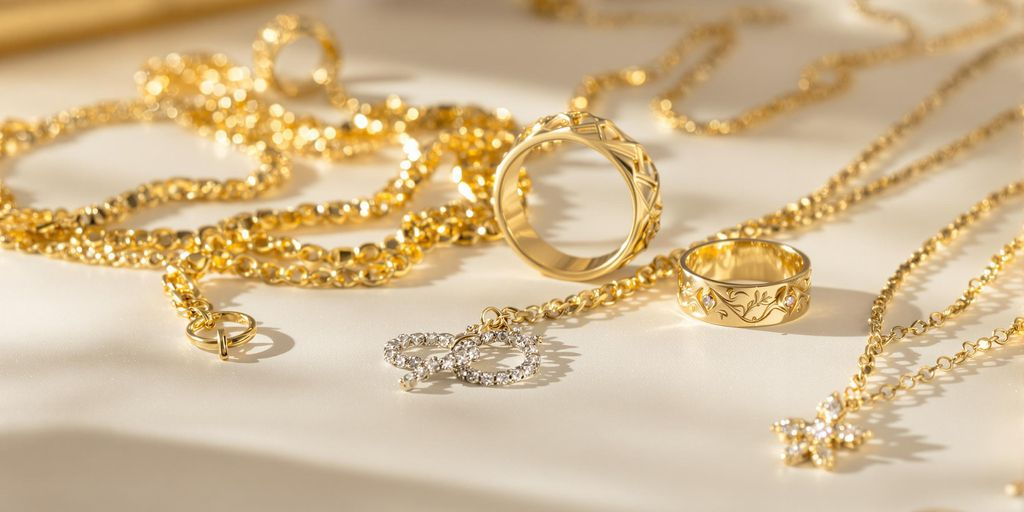 Bijoux en or brillants sur fond élégant, éclairage naturel parfait