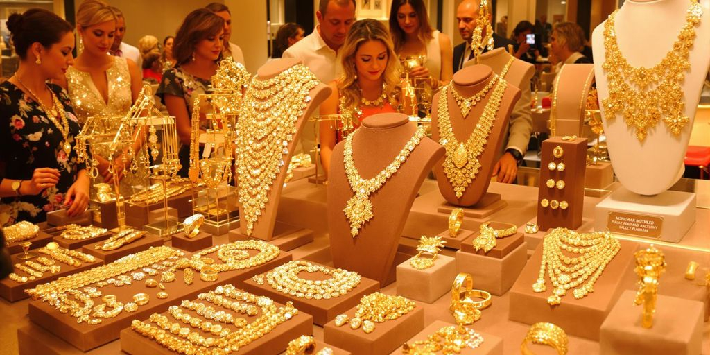 Bijoux en or exposés dans une salle des ventes élégante.