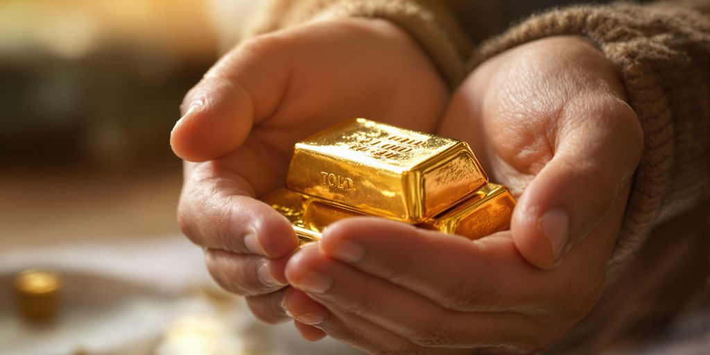 Lingots d'or dans les mains d'un enfant aidé par un adulte.