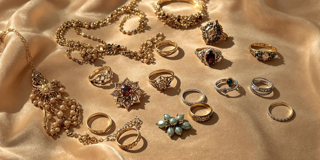 bijoux héritiers anciens sur velours sous lumière chaude et naturelle