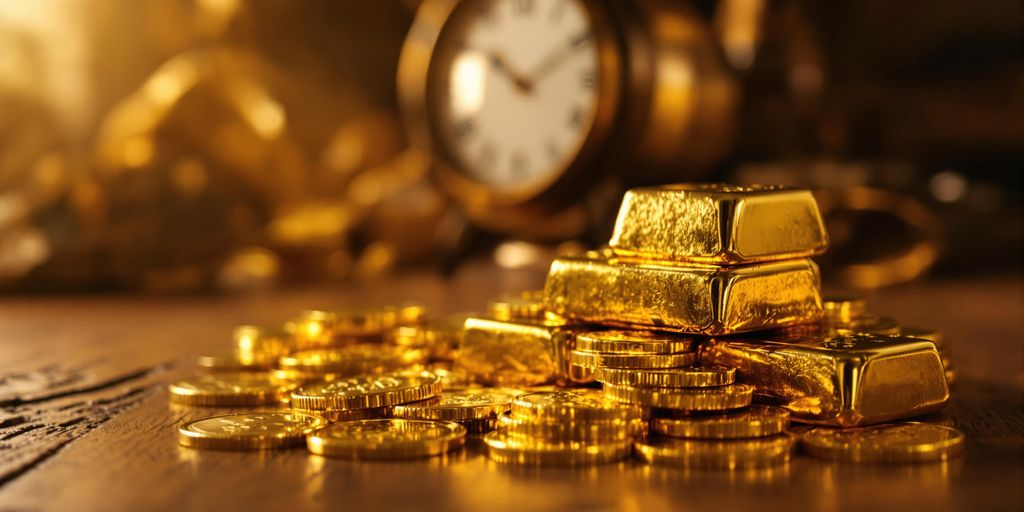 Lingots d’or et pièces avec une montre ancienne derrière.