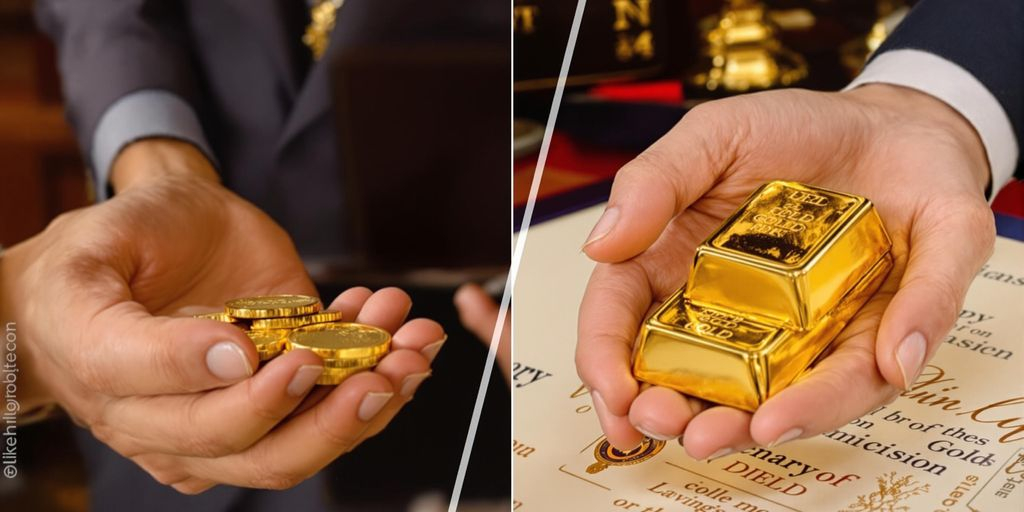 Deux mains échangent des pièces et lingots d'or avec notaire.