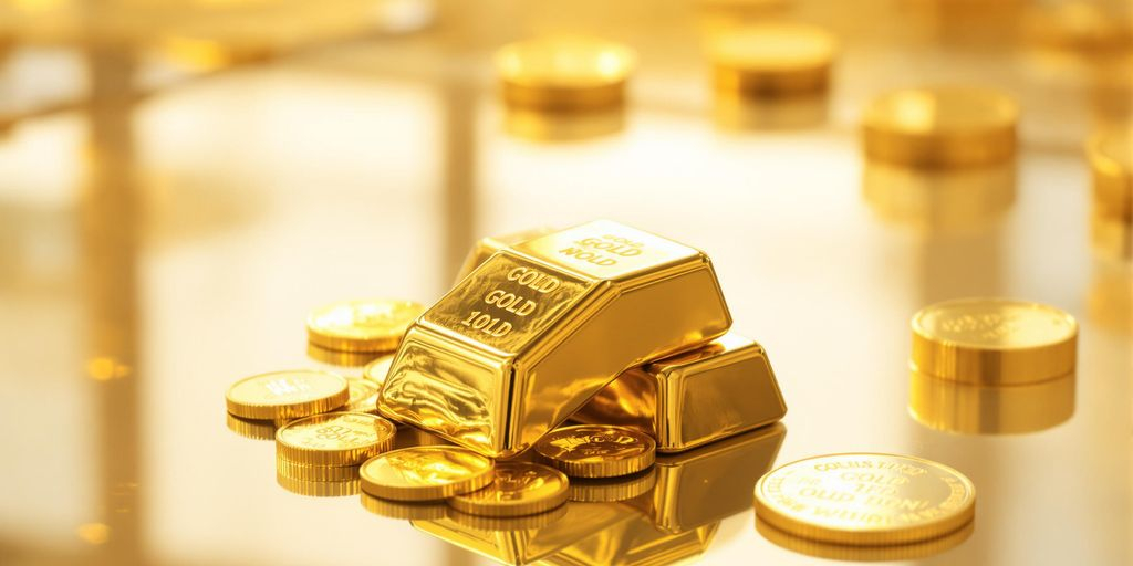 Photo de pièces d’or et lingots sur surface métallique lustrée.