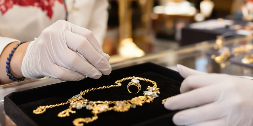 Bijoux anciens examinés sur un plateau en bijouterie sécurisée