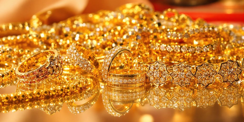 Bijoux en or luxueux photographiés sur fond brillant et raffiné.