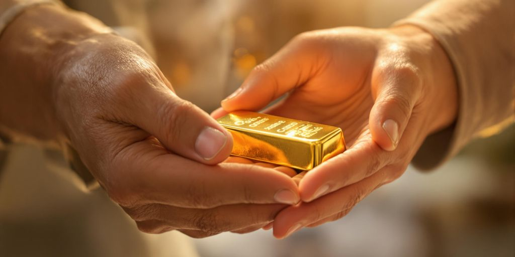 Mains transmettant un lingot d’or dans un décor doux