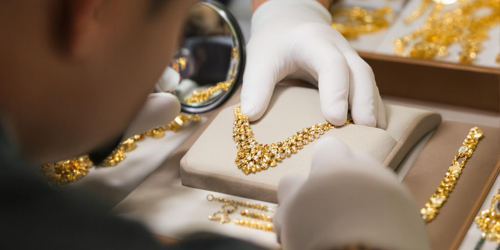 Bijoutier examinant un collier en or avec une loupe.